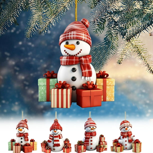 Seyotauo Christmas Snowman Hanging Decoration 4 Pcs Flat Design with Hanging String - Adorable Snowman Themed Christmas Tree Decorations Car Hanging Ornament, Ideal Christmas Gifts for Friends Family