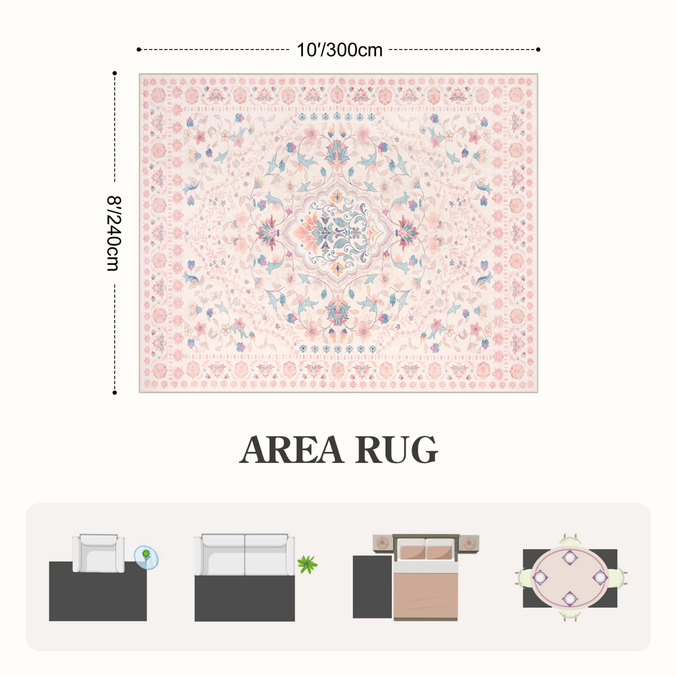 Wonnitar 8'x 10' Floral Area Rug - Machine Washable Non-Slip Boho Rug for Living Room, Soft Low Pile Carpet for Bedroom, Dining Room, Nursery