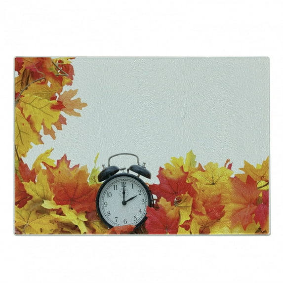 Clock Cutting Board, Autumnal Leaves and an Alarm Clock Fall Season Theme Romantic Digital Print, Decorative Tempered Glass Cutting and Serving Board, Small Size, White and Orange, by Ambesonne