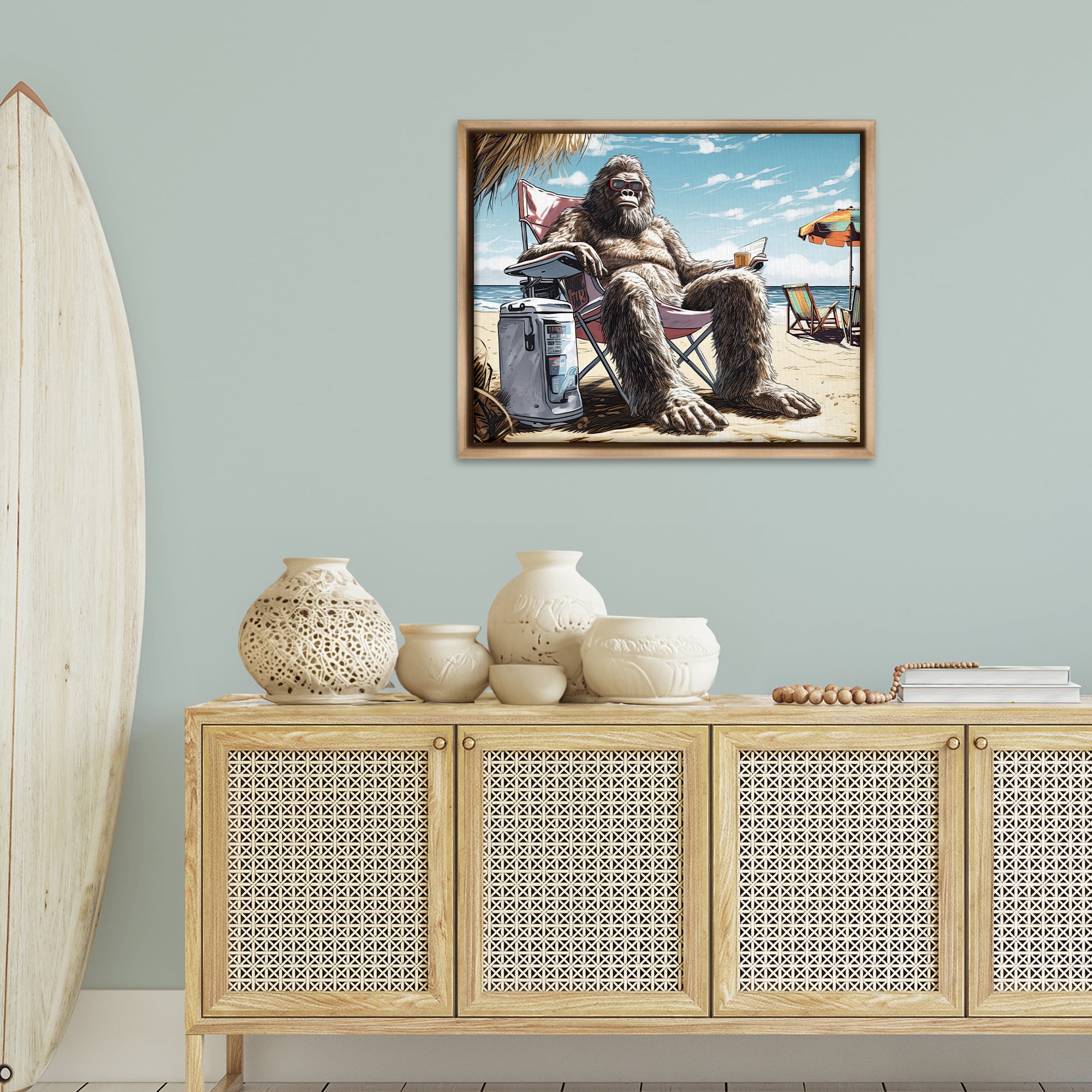 Stupell Industries Big Monster on Beach Fairy Tales & Fantasy Painting Brown Floater Framed Canvas Art Print Wall Art, 31 x 25