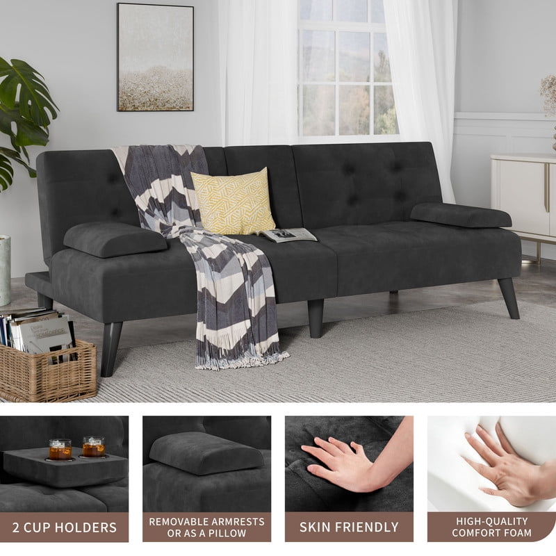 Walsunny Convertible Futon Sofa Bed, Foldable Futon Sleeper Sofa Bed with 2 Cup Holders, Folding Loveseat Recliner with 3-Angle Adjustment Modern Couch for Living Room, Small Space, Black