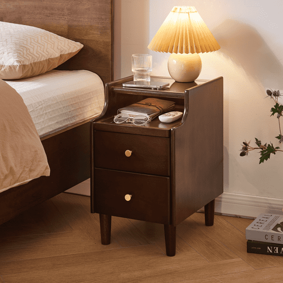 OTONIPU Solid Wood Nightstand with Drawer & Pull-Out Shelf, Bedside Table End Table for Bedroom