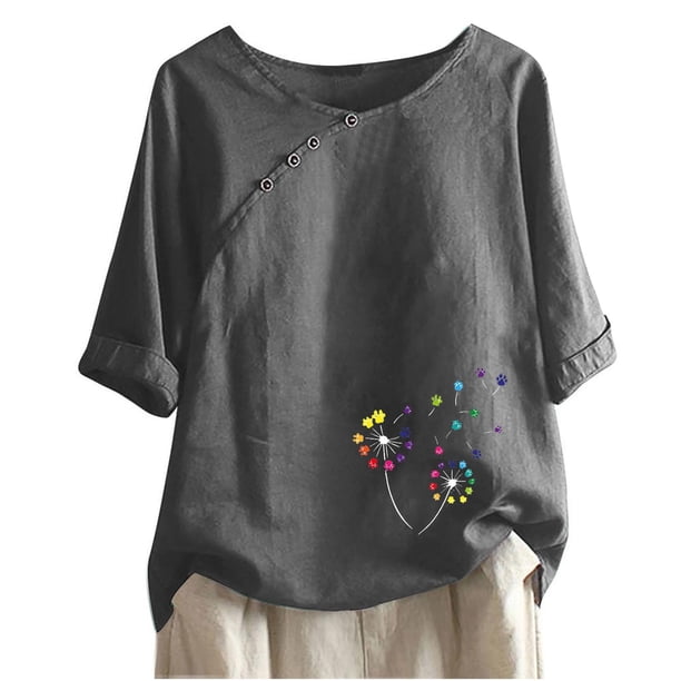 Blusas de Manga Corta para las Mujeres Impresas Cuello Redondo Camiseta Casual, Blusa de Algodón de Imitación para las Mujeres