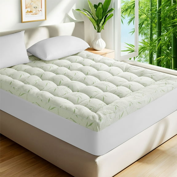 Baauye Cooling Bamboo Mattress Topper, 900GSM Quilted Mattress Pad with 8-21" Deep Pocket, Queen, Green
