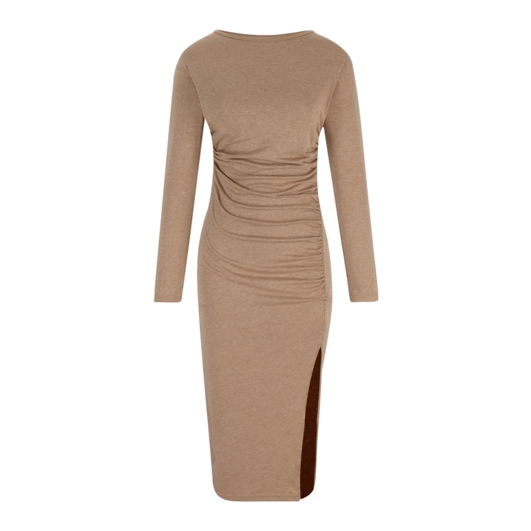 XFLWAM Women's Long Sleeve Dresses Casual Bodycon Dress Crew Neck Ruched Midi  Dress with Slit Brown M - Walmart.com