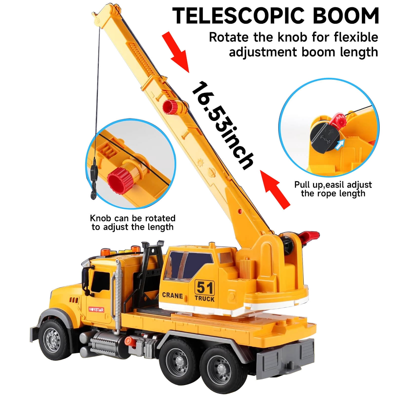 15" Construction Crane Truck Toy With Lights & Sounds - Realistic Friction-powered Engineering Vehicle With Movable Arm & Working Headlights | STEM Educational Gift for Kids