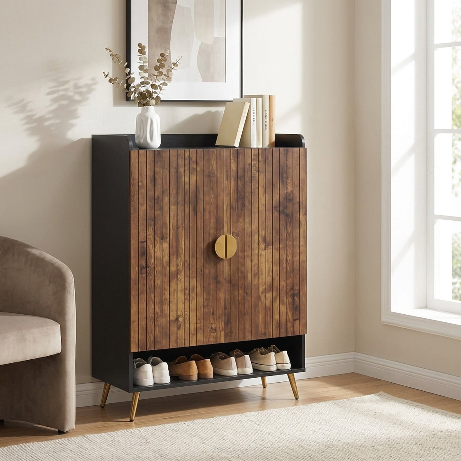 Furnibear 44 Inch Tall Shoe Storage Cabinet with 7 Tier Doors and Adjustable Shelves for Entryway Closet Hallway, Rustic Brown
