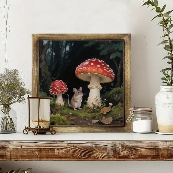 Charming Mouse and Mushroom Rustic Wooden Wall Art - Vintage Home Decor with Golden Frame, 8*8 Inch Desktop Display, Perfect Motivational Gift for Loved Ones, Desktop Wall Art | Natureinspired Design