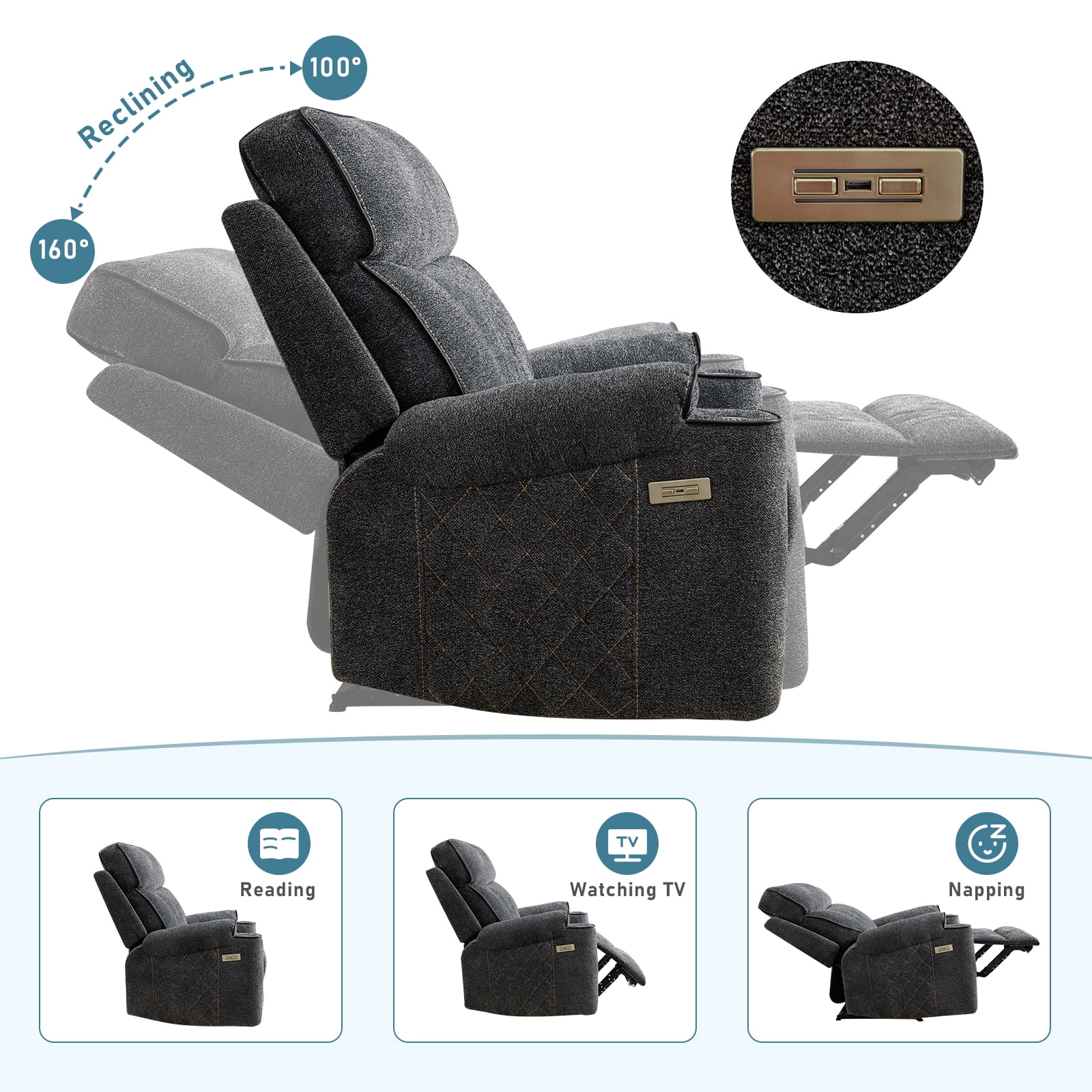 Bonzy Home Electric Power Recliner Chair, USB Ports, Cup Holders, Home Theater Seating