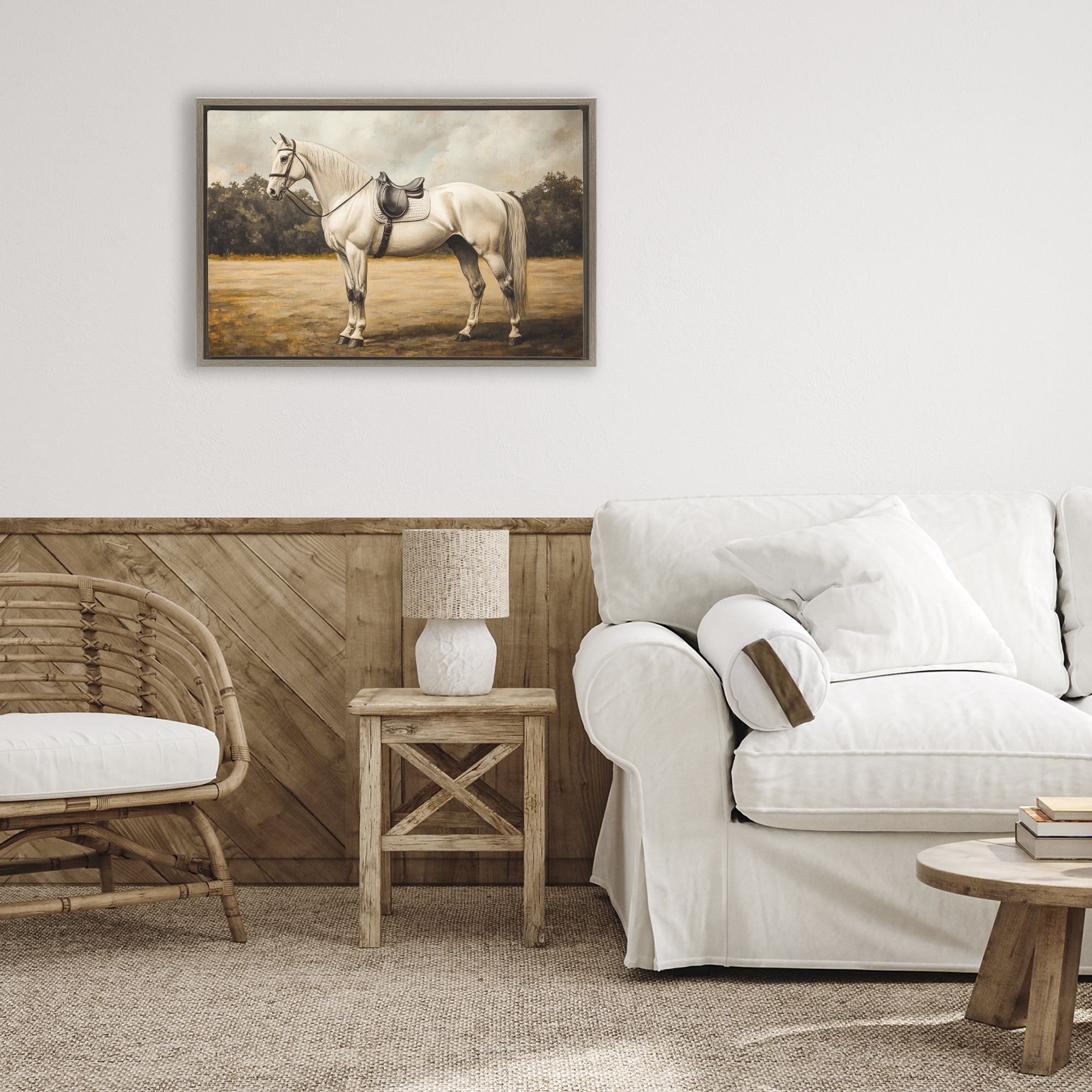 Stupell Industries White Mare with Saddle Brown Framed Floater Canvas Wall Art, design by Petal Prints Design