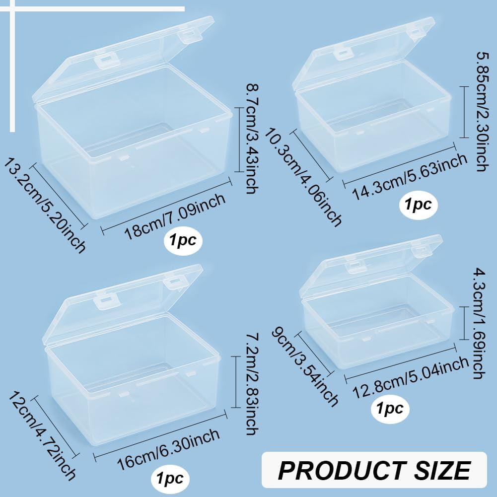 1 Bag 4 Sizes Bead Storage Organizer Box Rectangle Clear PP Plastic Box Containers Dustproof Case with Hinged Lid for Cards Beads and Craft Supplies