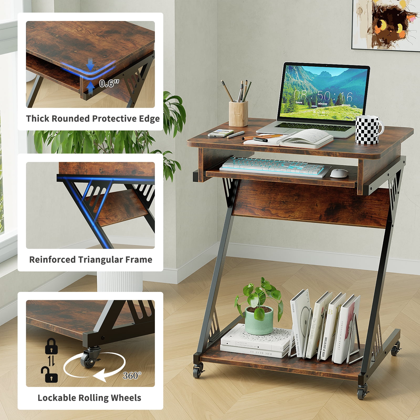 ALISENED 23.6 inch Z-Shaped Mobile Computer Desk with Smooth Keyboard Tray, with Wheels and Bottom Shelves