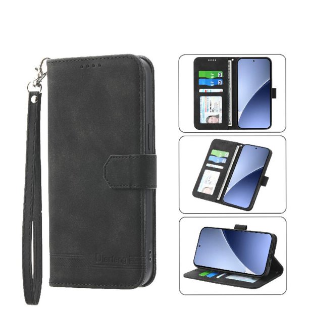 Funda Tipo Billetera para Xiaomi 15 Carcasa Abatible con Porta Tarjetas, Bolsillo para Efectivo, Soporte Ajustable, Cierre Magnético y Correa de Muñeca Negro