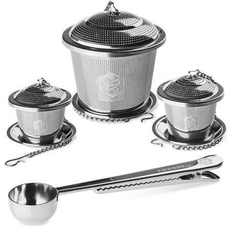 - Kessaku Premium Tea Infuser Set - Deluxe Combo Kit of 1 Single Cup, 1 Medium, 1 Large Infuser, Drip Trays and Scoop with Bag Clip - Reusable Stainless Steel Strainers and Steepers for Loose Leaf Teas
