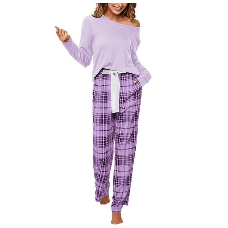

Women s 2 Piece Outfits Pajamas Casual Long Sleeve Crewneck Tops and Wide Leg Plaid Pants Set Sleepwear with Pockets