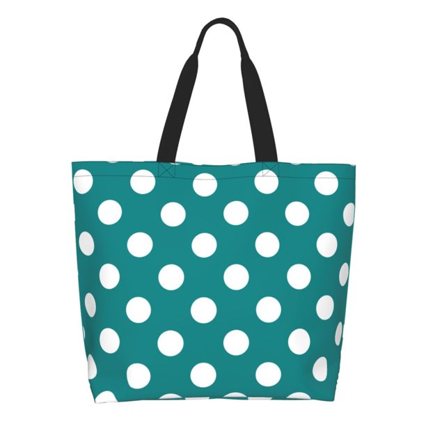 Fotbe Teal And White Polka Dot Bolsa Tote Estética de Lona con Estampado para Mujer - Bolsa Reutilizable de Hombro Casual para Vacaciones, Compras, Trabajo y Gimnasio