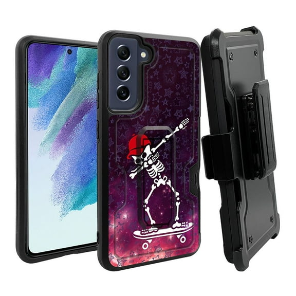 ANJ Rugged Dual Layer Hybrid Holster Kickstand Case w/ Card Slot Tempered Glass Cover for Samsung Galaxy S21 FE 5G - Dabbing Skeleton Skater