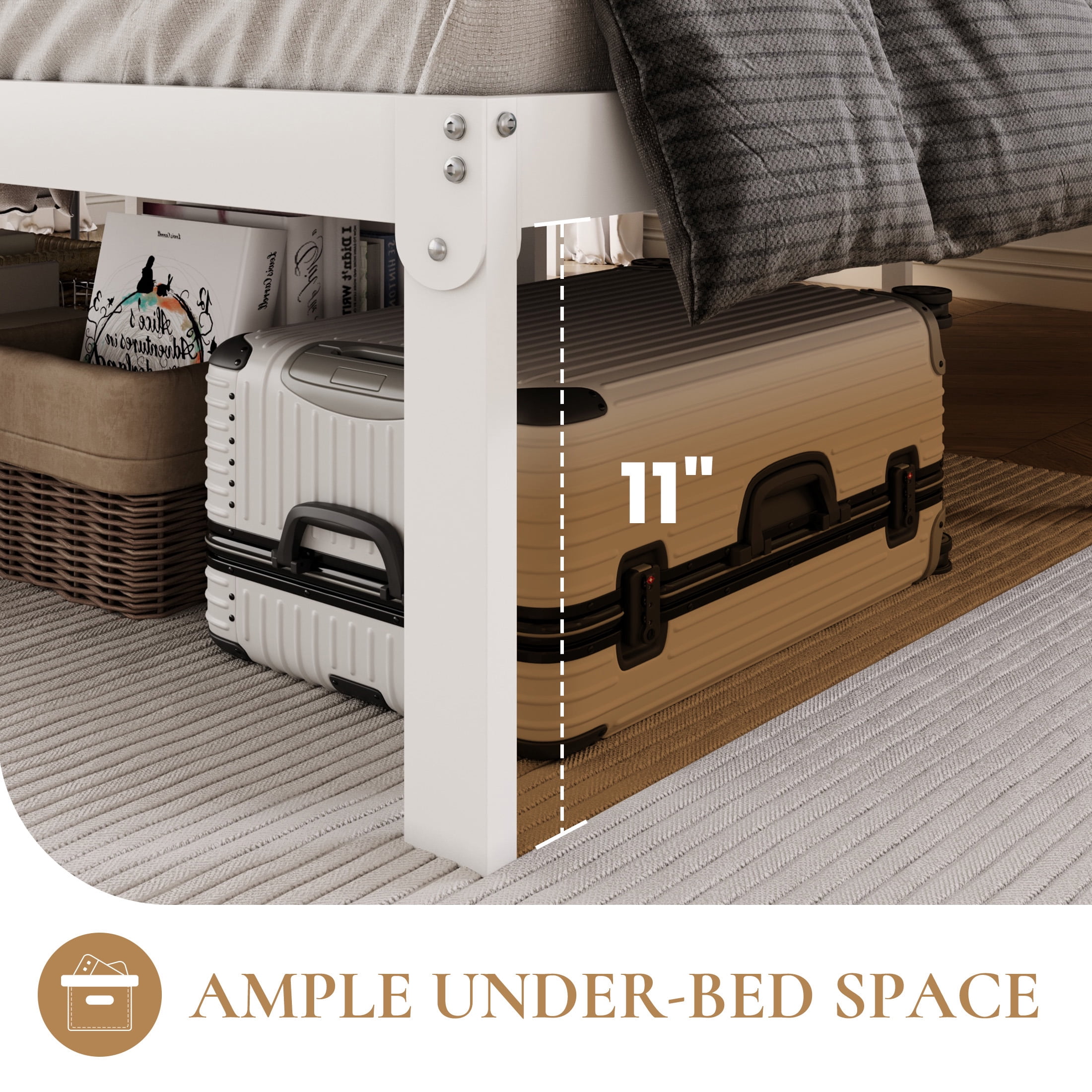 Merrland 12 Inch Queen Size Metal Platform Bed Frame, Heavy-Duty, Under-Bed Storage Space, Easy Assembly, Headboard Compatible, White