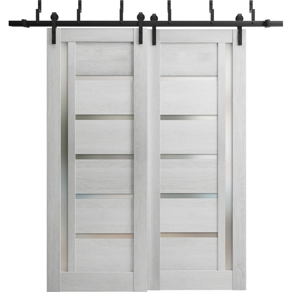 Sliding Closet Barn Bypass Doors 56 x 80 inches | Quadro 4088 Light Grey Oak with Frosted Glass | Sturdy 6.6ft Rails Hardware Set | Wood Solid Bedroom Wardrobe Doors