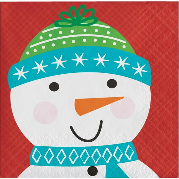 Pack of 192 Red and White Snowman Printed Square Beverage Napkin 5"