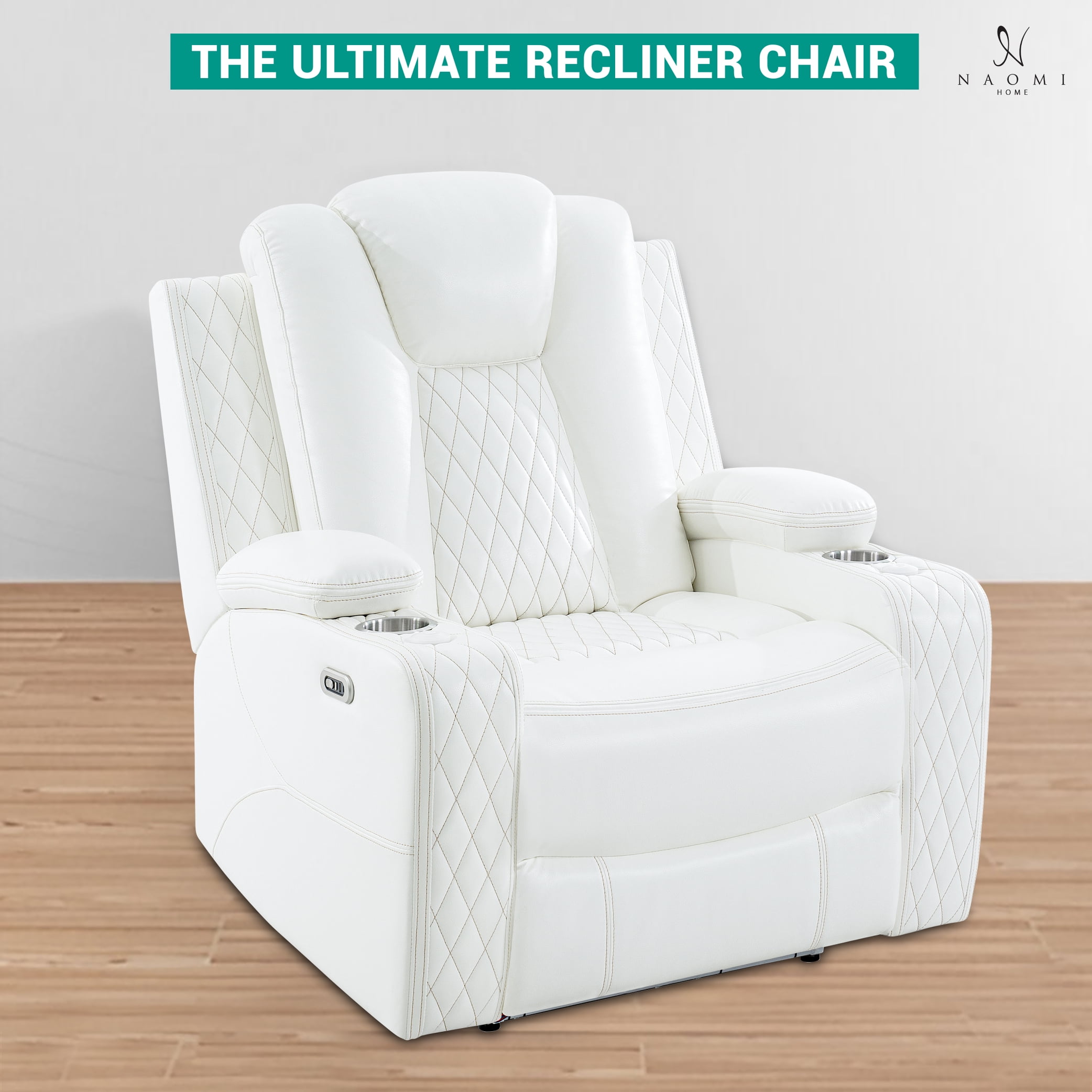 Chicago Theater Style Motion Recliner Chair With Adjustable Headrest – Luxury Power Reclining Chair with USB Cup Holders, and Premium Air Leather Upholstery