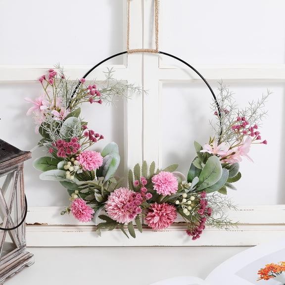 BRIGHTFUFU 1Set Pink Plastic Wreath Pendant for Outside Door with Iron Simple Door Wreath Small