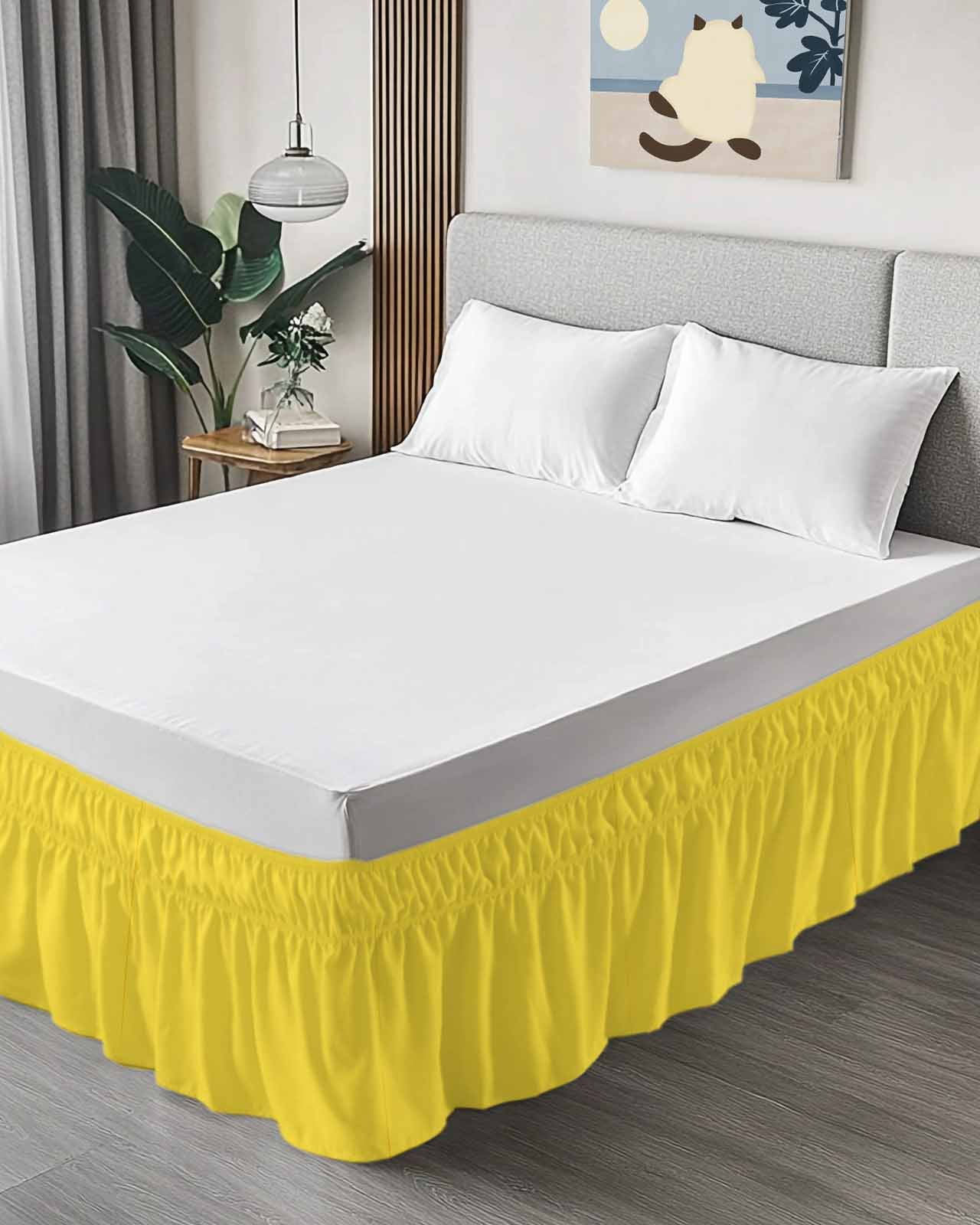 Yellow Bed Skirt Queen Size 16" Drop Solid Color Ruffled Wrap Around Bed Skirts Adjustable Elastic Bedskirt Dust Ruffle for Queen Size Bed