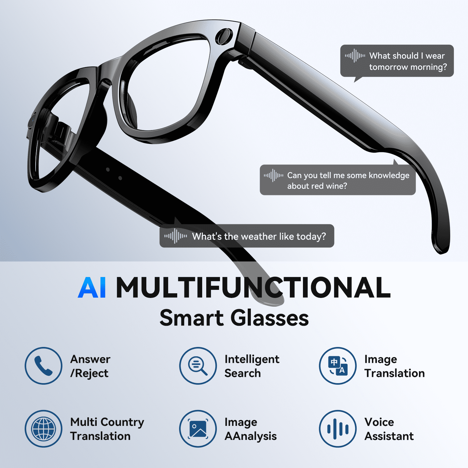 AI Smart Glasses with Camera, 1080P Video Recording Sunglasses, ENC Noise Reduction, Wireless Music & Calls, Real Time Translation, Open-Ear Audio for Travel, Meetings & Vlogging