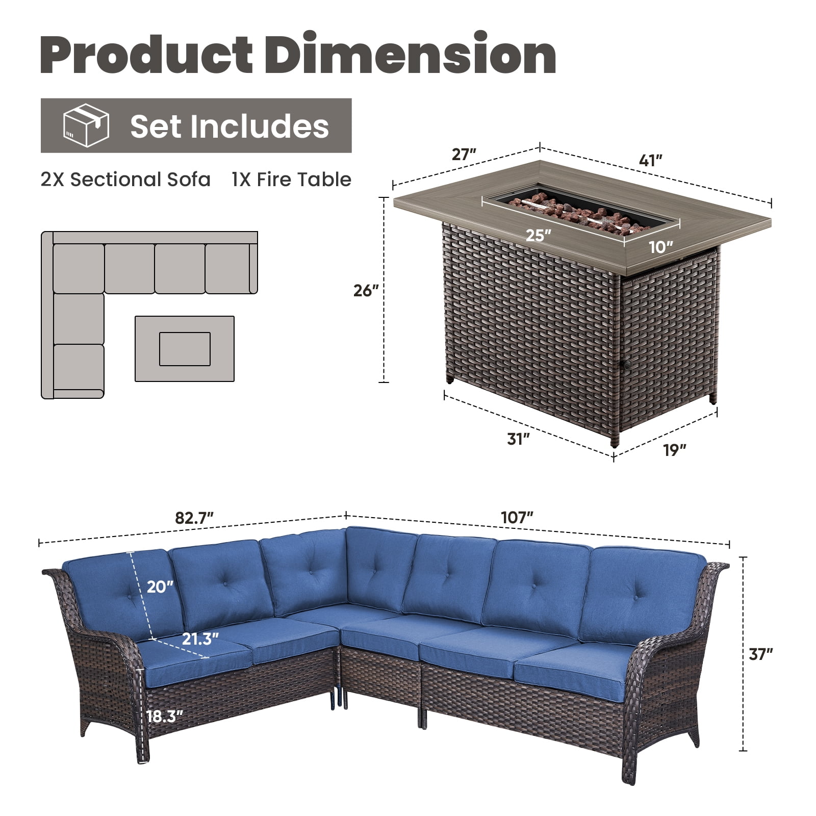 OPOHORO 6 Person Patio Conversation Set with Fire Pit Table, Brown Wicker Rattan Furniture Set for Outside with Sectional Couch and Rectangular Propane Firepit Table - Blue