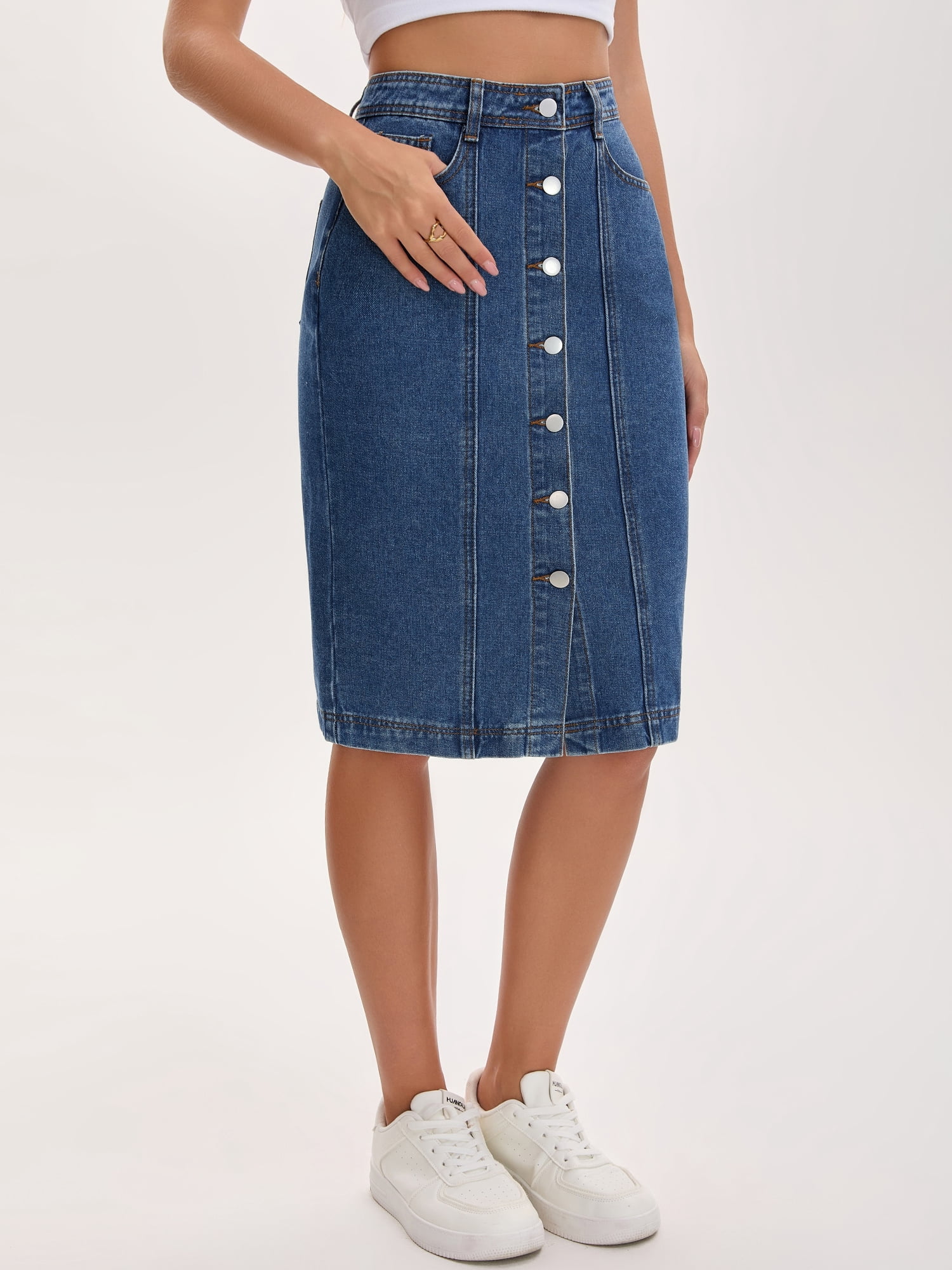 DARING DIVA Women's Denim Pockets Knee Length Jean Skirts Large Blue