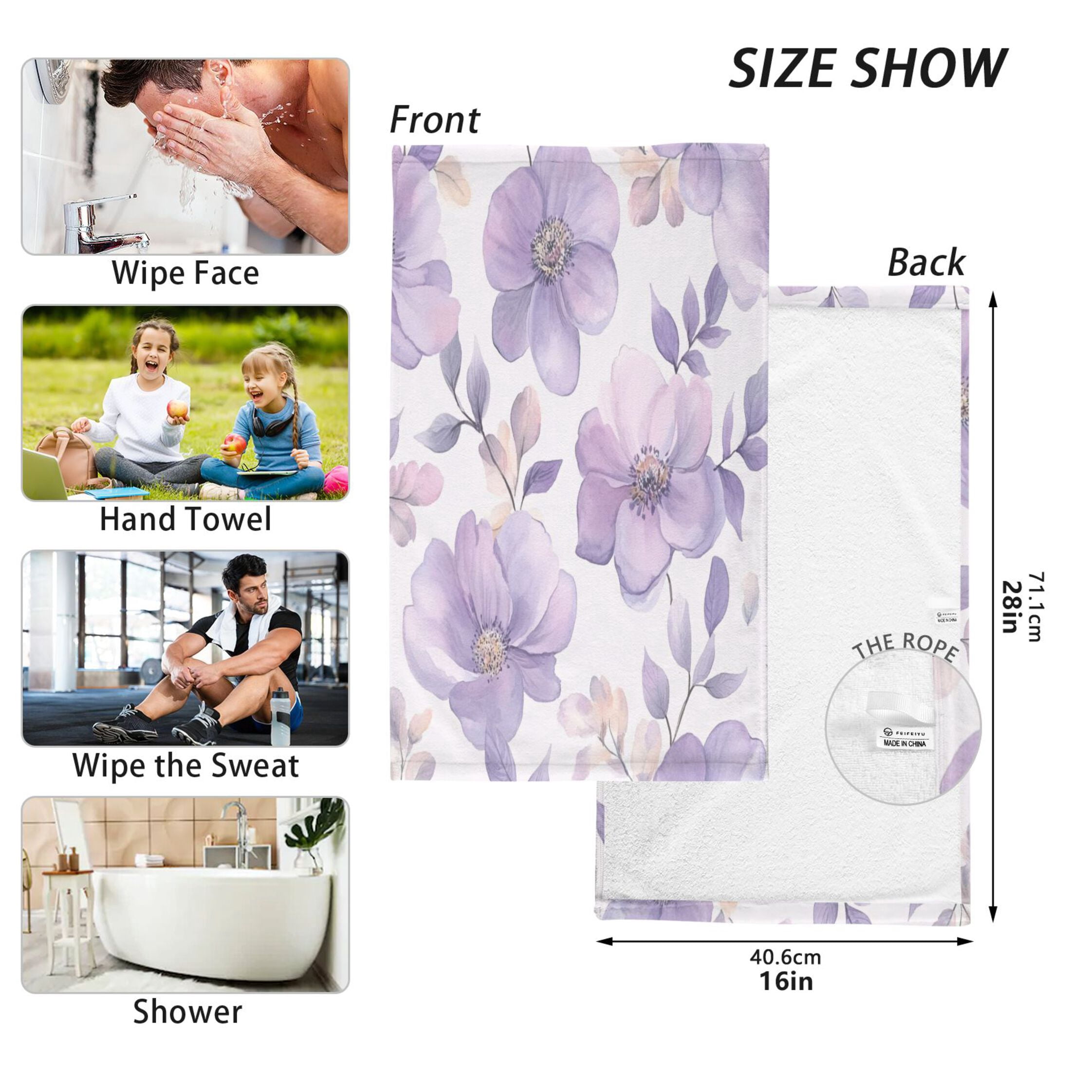 Cotton Towel Two-Piece 16x28 Inch One Sizex2 Face Towel Set Towel Set Cotton Hand Bath Towel Bathroom Beach Vibrant Lavender Flowers
