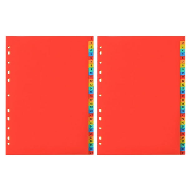 2 juegos de separadores de plástico para carpetas con pestañas numéricas del 1 al 31, hojas separadoras de páginas insertables, separadores de índice para planificador, diario, cuaderno.