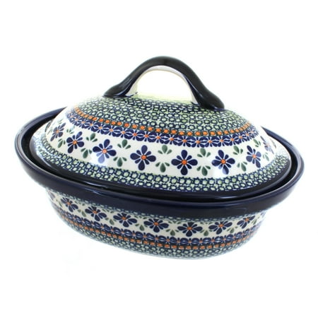 

Blue Rose Polish Pottery Mosaic Flower Roaster with Lid
