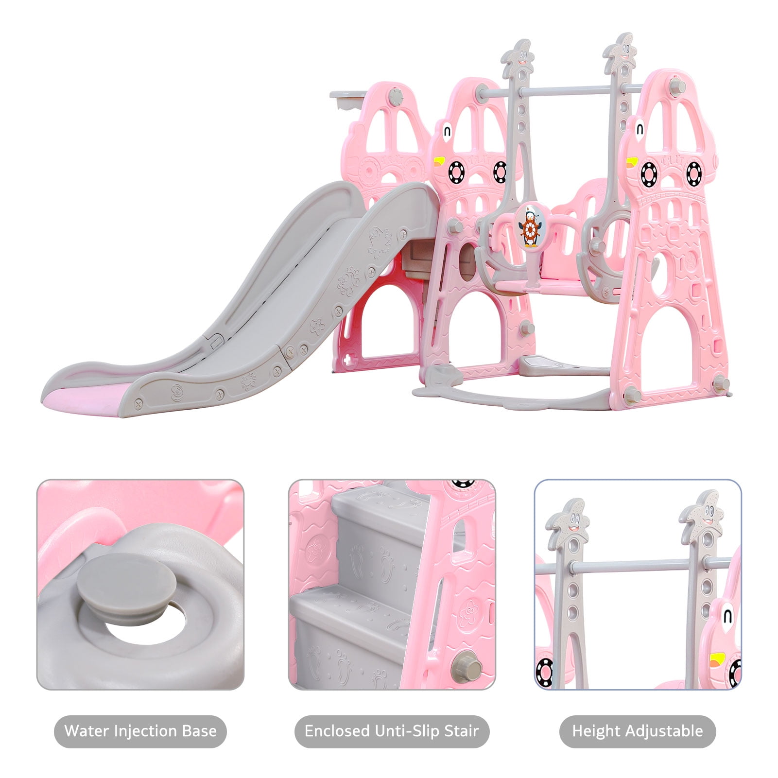 Ealing 4 in 1 Slide and Swing for Toddlers Age 1-2 ,Baby Swing Playset Indoor with Safety Belt and Basketball Hoop,Pink