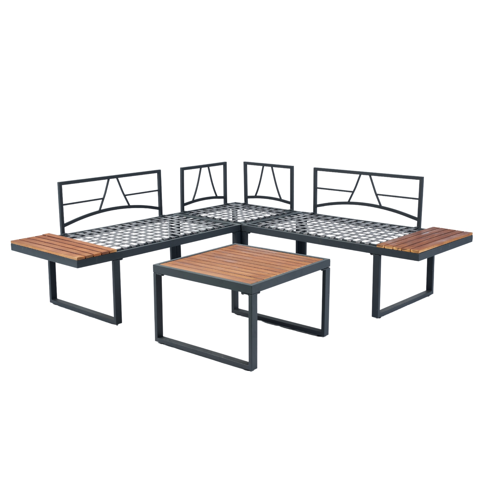 PORKISS 4 Pieces Outdoor Patio Set, Wicker L-Shaped Sectional Sofa Set with Wood Side Table and Cushions, Modern 5-Seater Conversation Set for Garden, Yard, Poolside, Dark Grey
