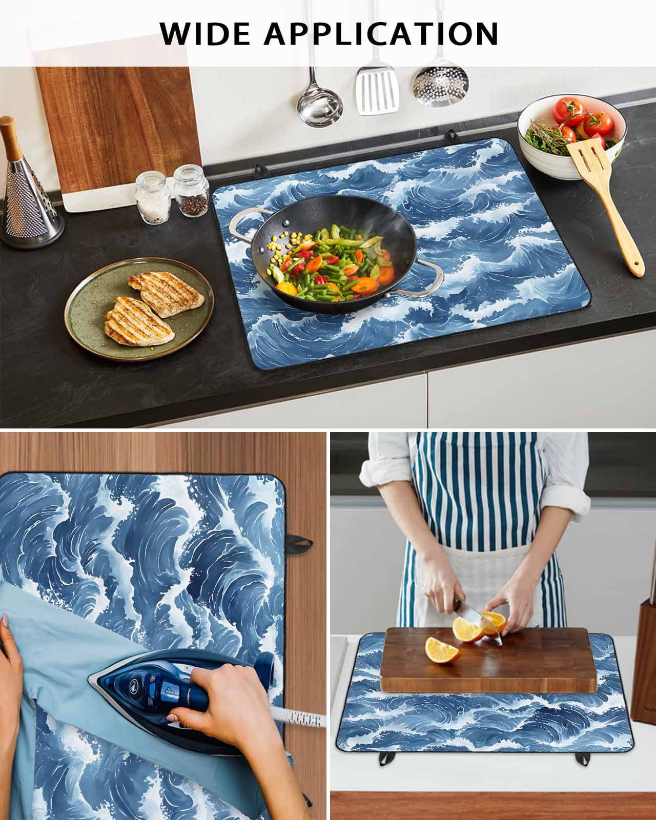 nqOlkjepod Large Induction Cooktop Protector Mat 28.5"x20.5", Ocean Waves Stove Top Covers for Electric Stove, Summer Beach Coastal Nautical Watercolor Stove Burner Cover Mats, Glass Top Stove Cover