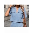 thumbnail image 5 of Women'S Denim 2 Piece Outfits Summer Lapel V Neck Crop Top Jean Skirt Shorts Set with Pockets Light S, 5 of 9