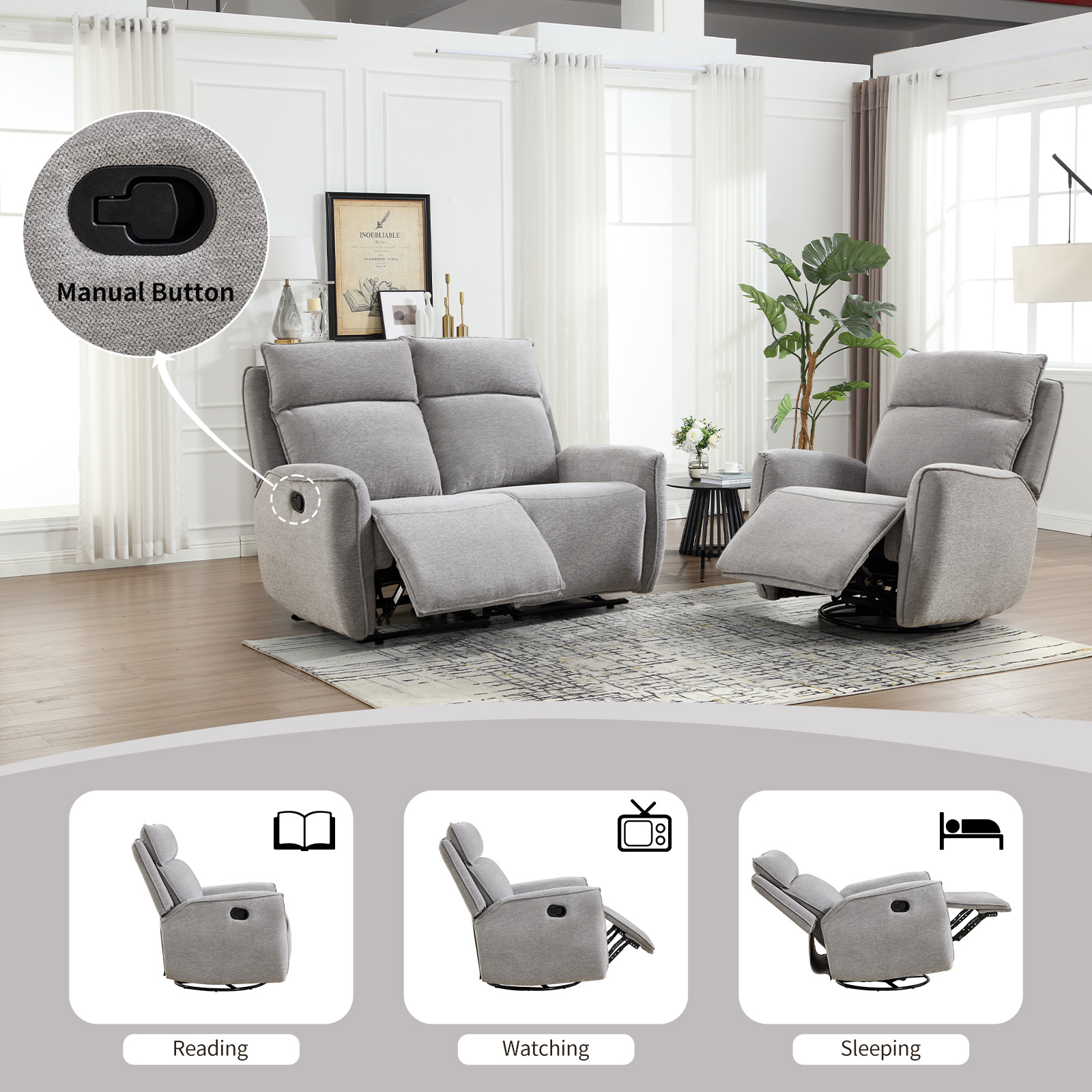 Bonzy Home Fabric Manual Recliner Sofa Set — Single Recliner & Loveseat with Center Console, Hidden Storage & Cup Holders