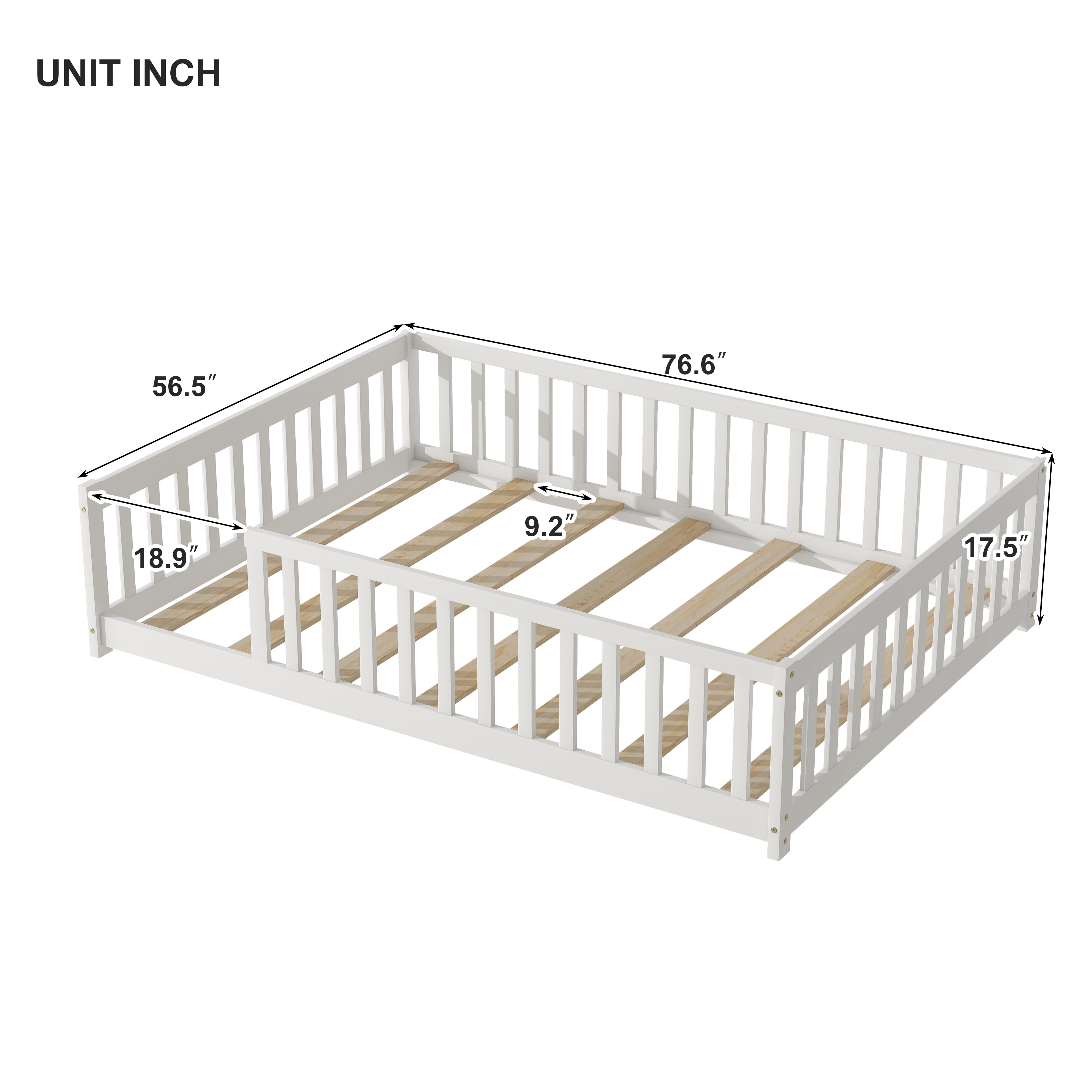 Miniyam Full Size Montessori Kids Floor Bed Frame, Wooden Bed with Fence Rails, White