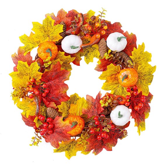 19.7inch Fall Wreath for Front Door Outdoor Autumn Maple Leaves Garland with Pumpkin Berry Pine Cone Farmhouse Thanksgiving Harvest Decor for Porch Patio Home Wall Wedding Festival Party