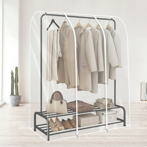 Garment Rack Cover Clear Clothing Rack Cover with Zipper Reusable Clothes Rail Cover Waterproof PEVA Clothes Rack Cover Large Garment Rack Dust Cover Easy to Use for Clothes Garment Haning Rack