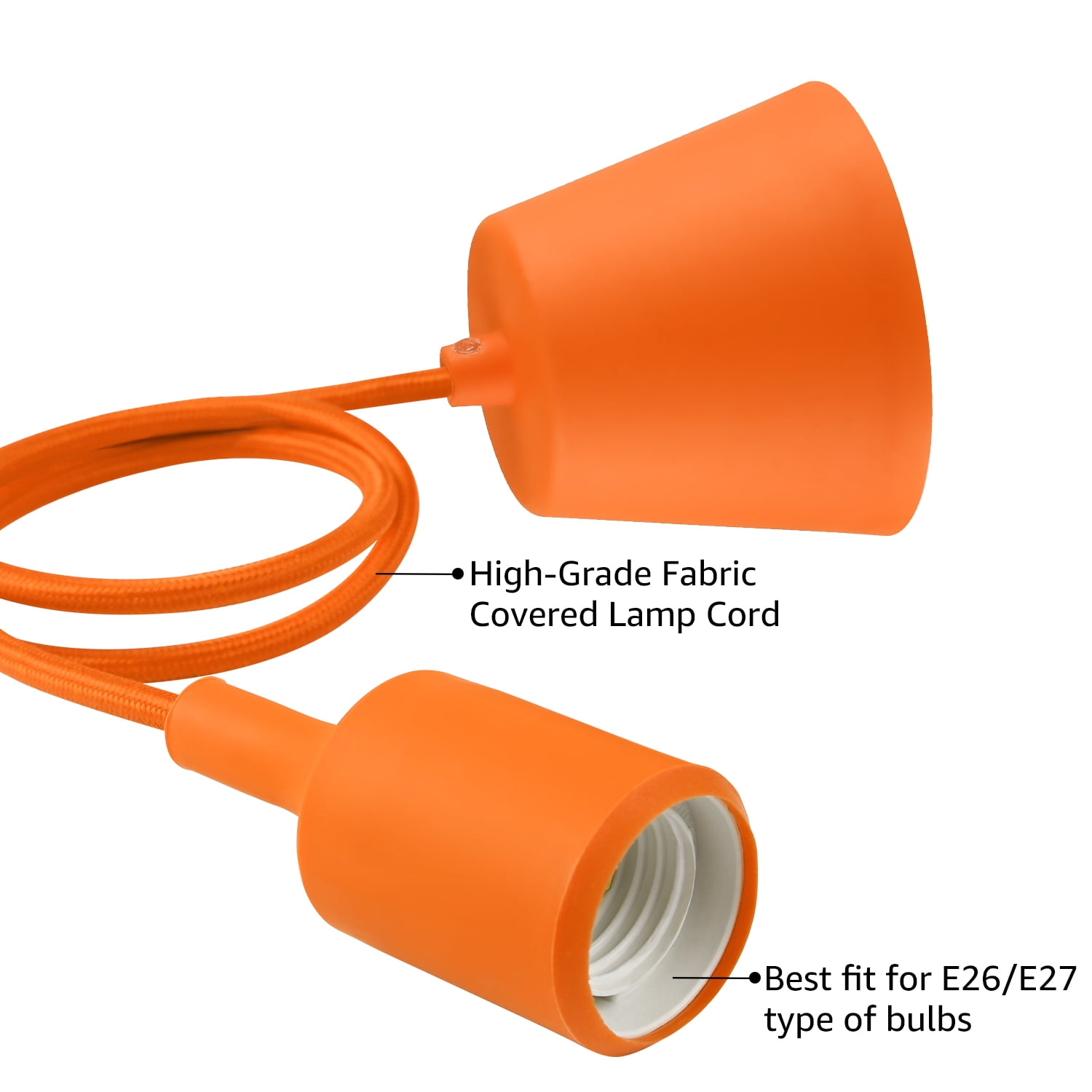 UL-listed Single Socket Pendant Light Fixture, Fabric Insulating Lamp Cord, Orange
