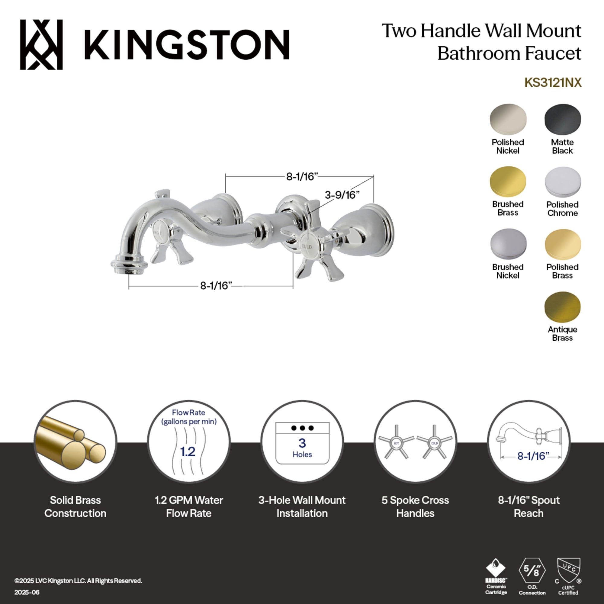 Kingston Brass KS3120NX Hamilton Double-Handle 3-Hole Wall Mount Bathroom Faucet in Matte Black