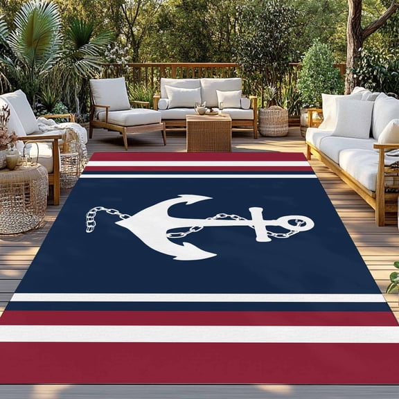 Outdoor Rug, Nautical Anchor Navy Blue Indoor Area Rug Outdoor Carpet RV Camping Rugs 3x5ft Burgundy Red Stripe Outside Mat for Patio Picnic Porch Deck Balcony Backyard