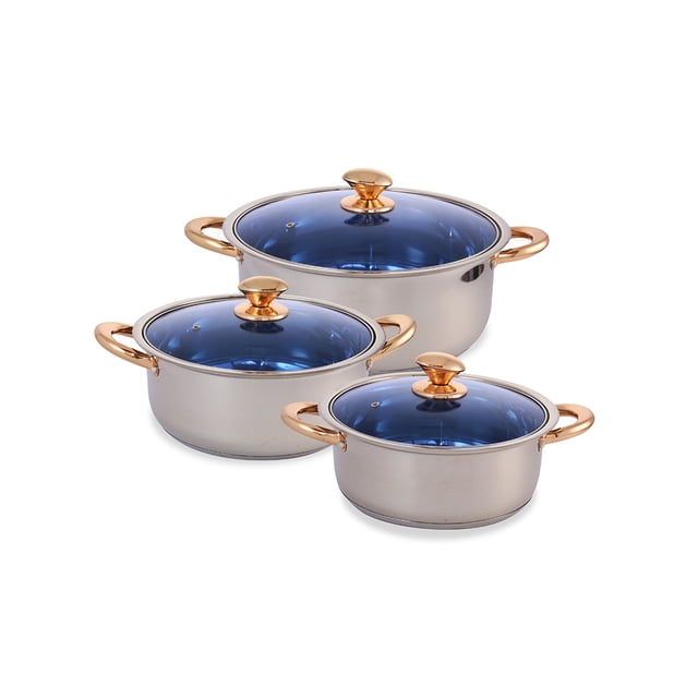 Juego De 3 Ollas Arroceras De Acero Inoxidable Con Tapas De Vidrio RH-ANAISS6 20, 24 y 26 Cm Color Plateado Royal Haus