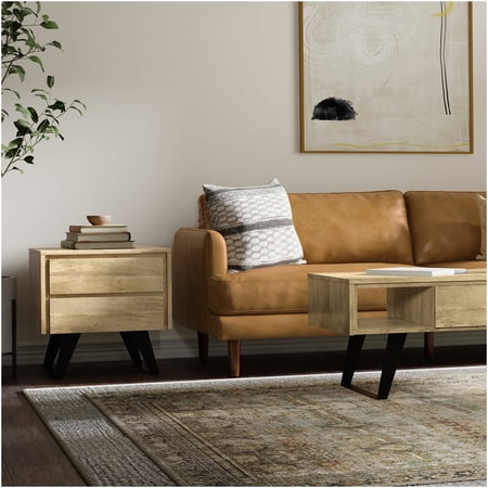 Lowry Natural Wood and Metal Side Table with Drawers Industrial End Table for Living Room Bedroom