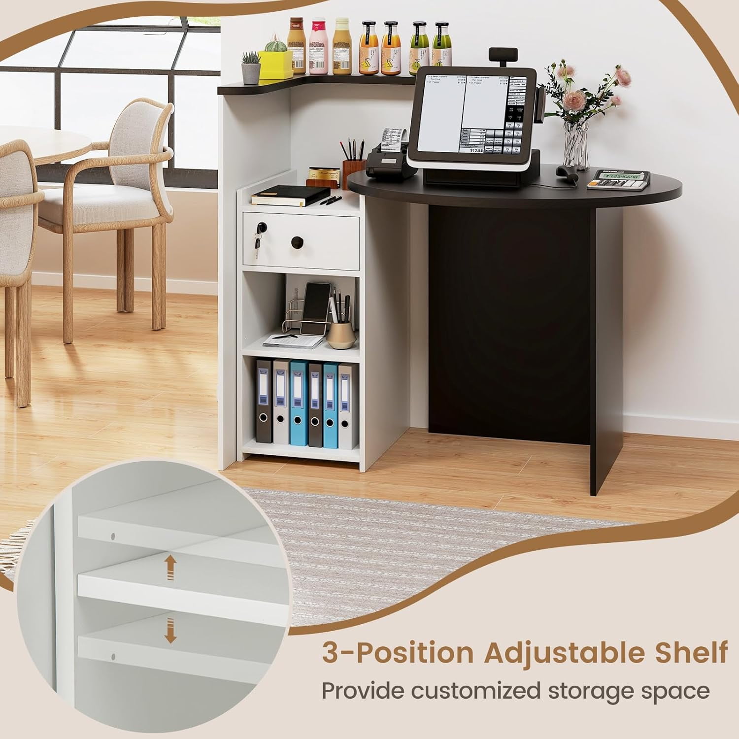 Reception Desk, Small Retail Checkout Counter with Lockable Drawer and Open Shelves, Wooden Front Desk Reception Counter, Oval Desktop & L Counter for Store Office Lobby Salon (Black & White)