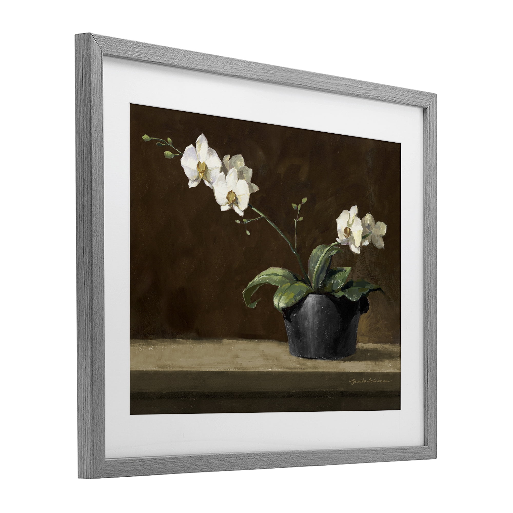 Stupell Industries Potted White Orchid on Ledge Gray Framed Print Under Glass, design by Yumiko Ichikawa