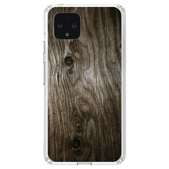 DistinctInk Clear Shockproof Hybrid Case for Google Pixel 4 (5.7" Screen) - TPU Bumper, Acrylic Back, Tempered Glass Screen Protector - Brown Weathered Wood Grain Print - Printed Wood Grain Image