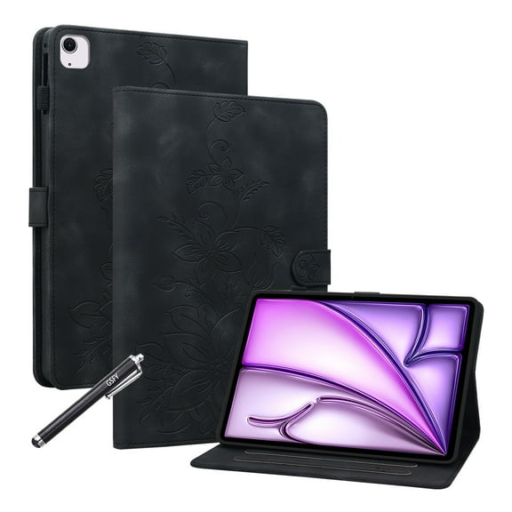 GSFY Case for 2024 iPad Air 11 Inch M2, PU Leather Magnetic Closure Folio Stand Cover Multiple Viewing Angles for iPad Air 11 6th/ iPad Air 10.9 4th &5th/ iPad Pro 11 (2018-2022), Black Bloom